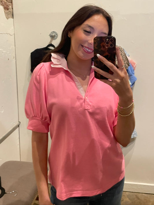 PINK KNIT, STRIPED COLLAR TOP