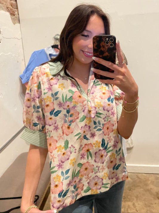 GREEN STRIPED FLORAL TOP