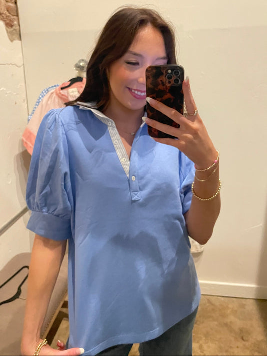 BLUE KNIT, STRIPED COLLAR TOP
