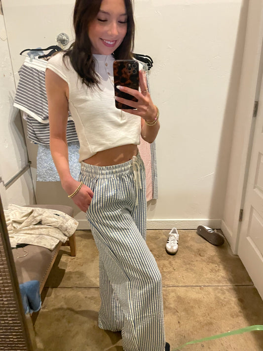 BLUE STRIPED ELASTIC WAIST PANTS