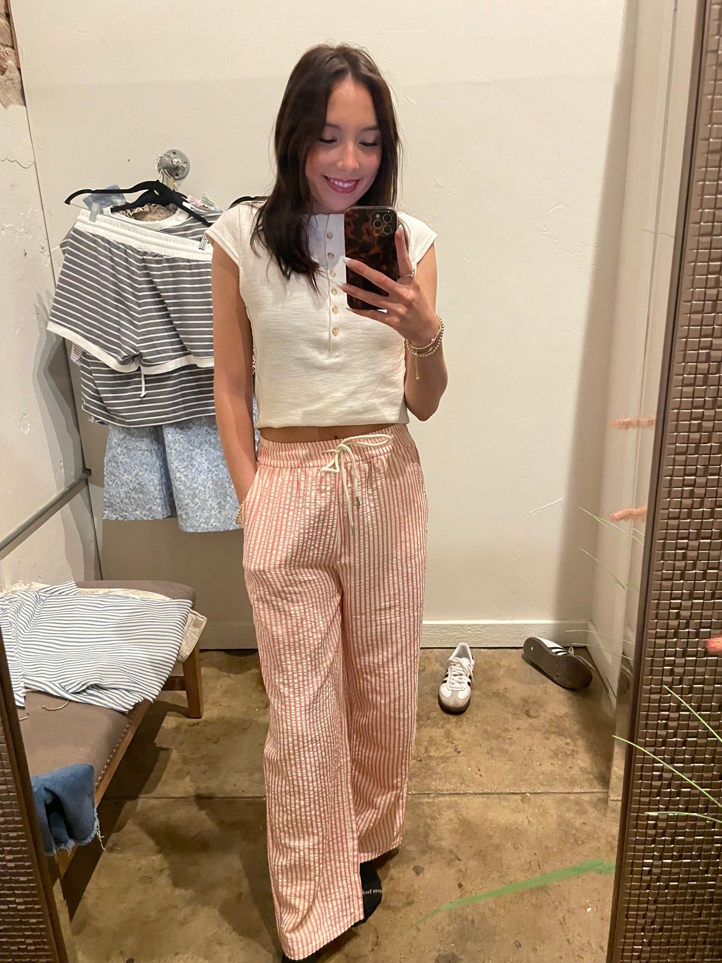 PINK STRIPED ELASTIC WAIST PANTS