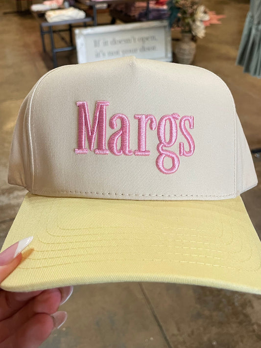 PINK MARGS YELLOW BILL TRUCKER