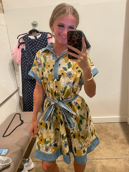 BLUE ACCENT MUSTARD DRESS