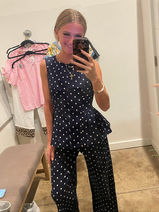 NAVY POLK-A-DOT DENIM SET