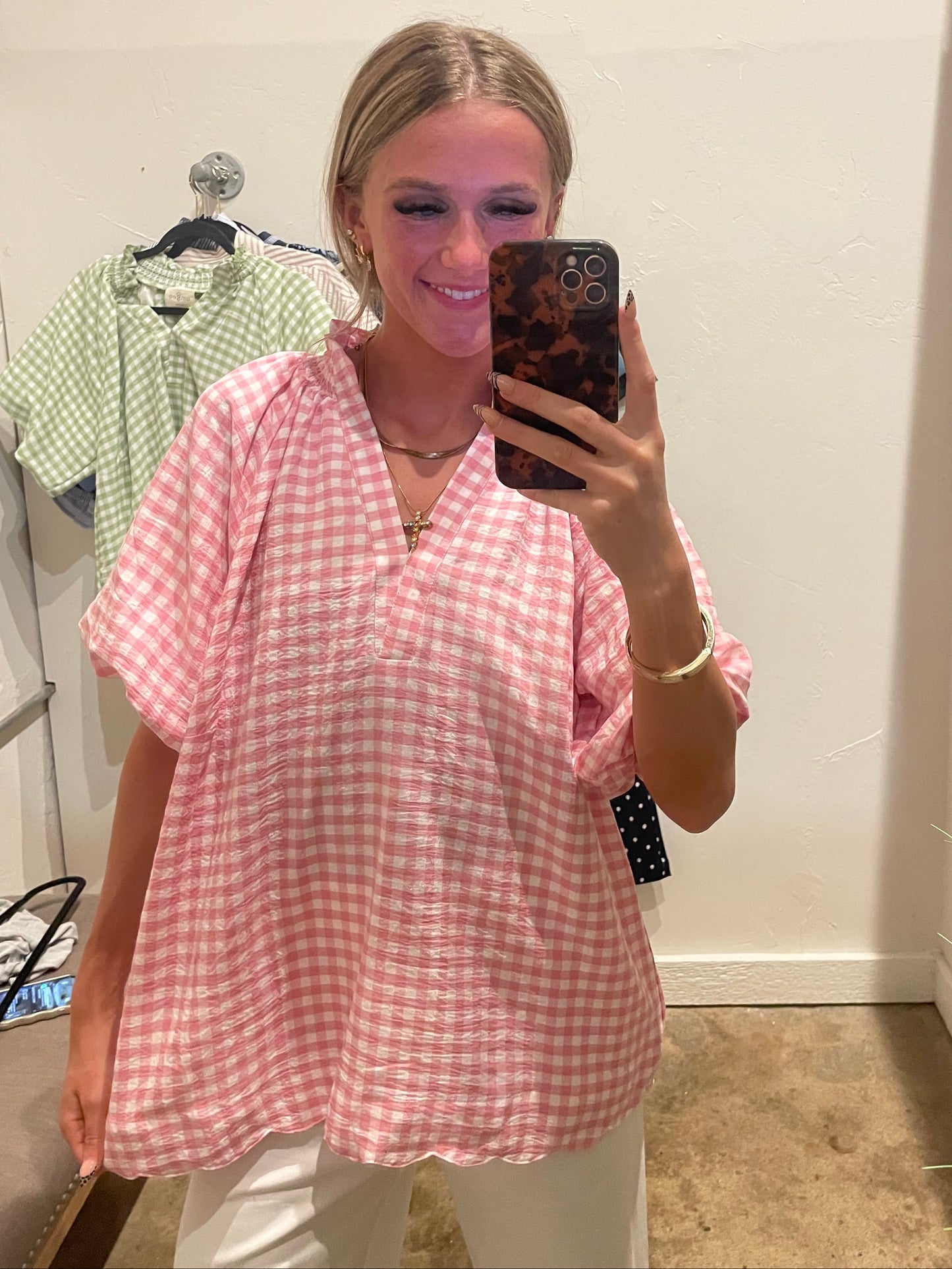 PINK & WHITE CHECKED PUFF SLEEVE TOP