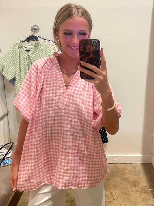 PINK & WHITE CHECKED PUFF SLEEVE TOP