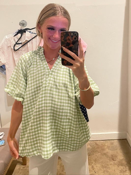 GREEN & WHITE CHECKED PUFF SLEEVE TOP
