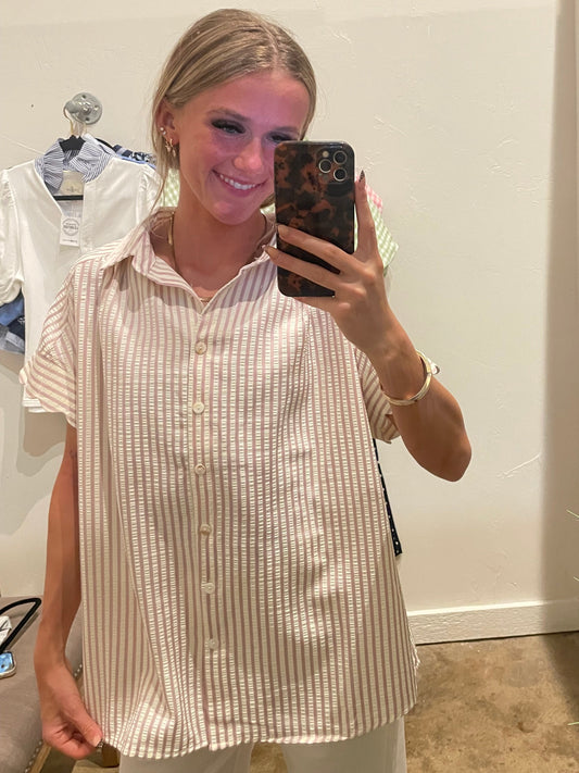 LILAC & CREAM STRIPED BUTTON UP TOP