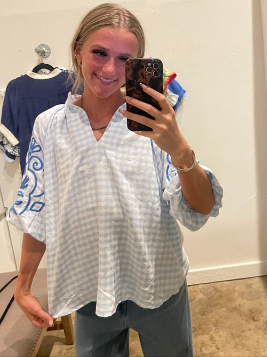 LT BLUE CHECKED EMBROIDERED TOP
