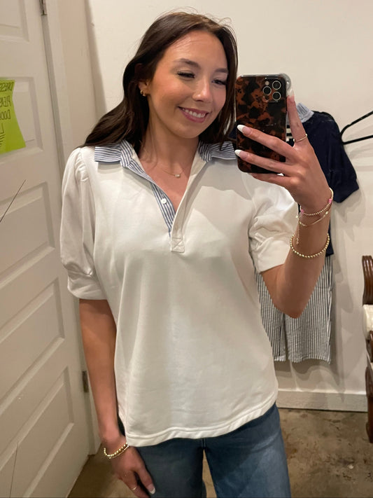 WHITE KNIT, STRIPED COLLAR TOP