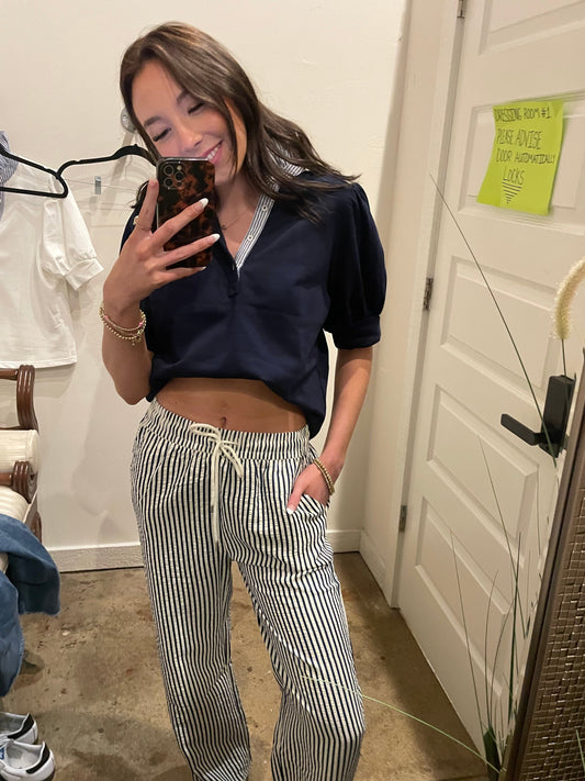 NAVY STRIPED ELASTIC WAIST PANTS