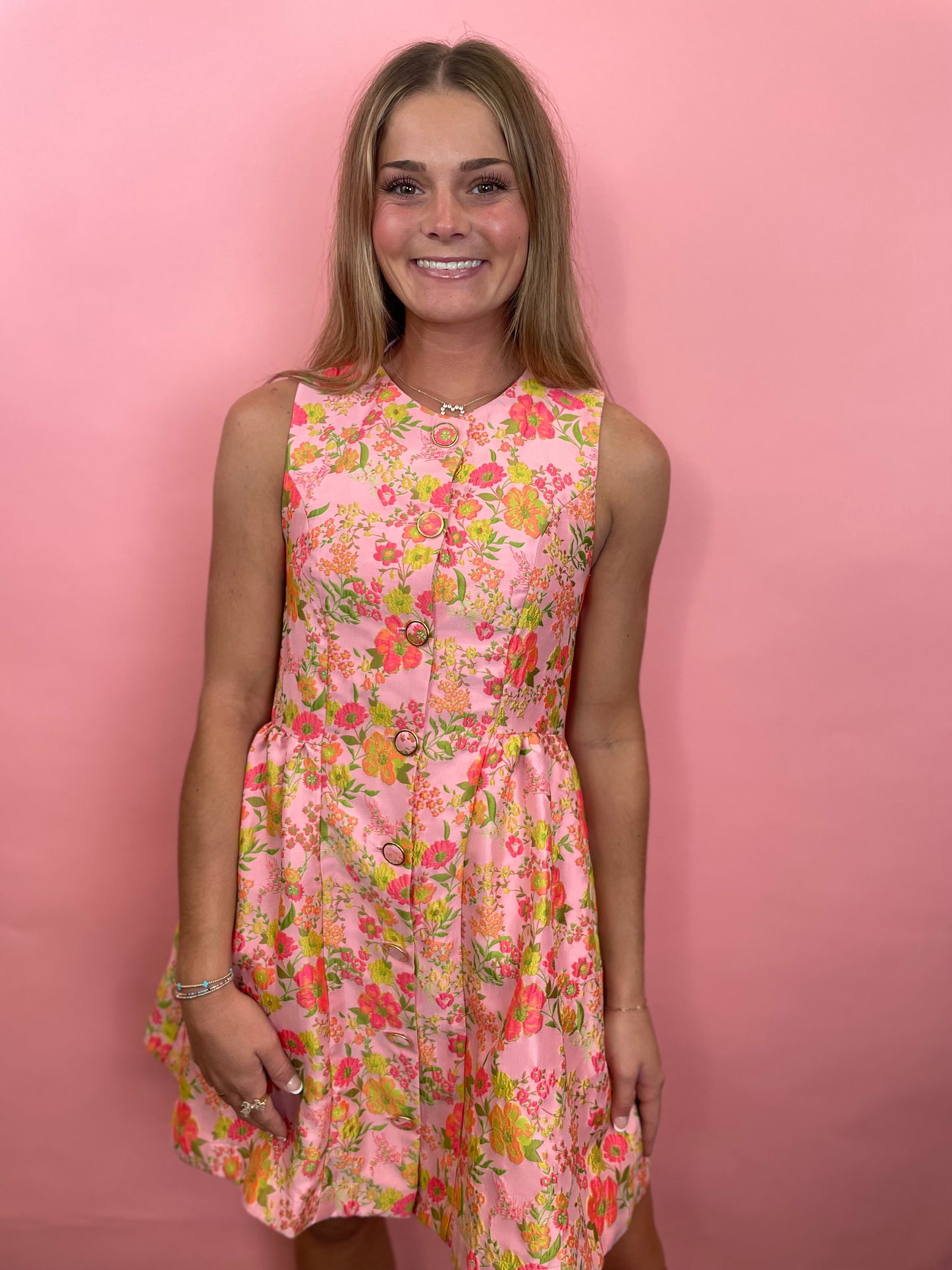 PINK JAQUARD SLEEVELESS DRESS