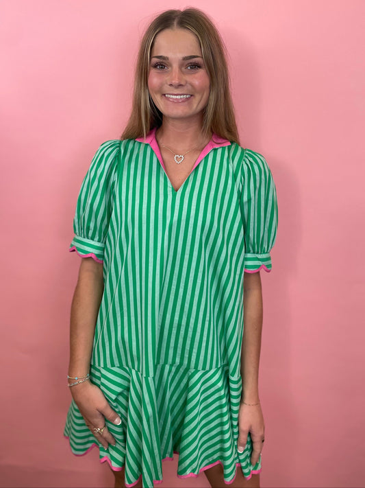 GREEN STRIPED DRESS W/PINK TRIM