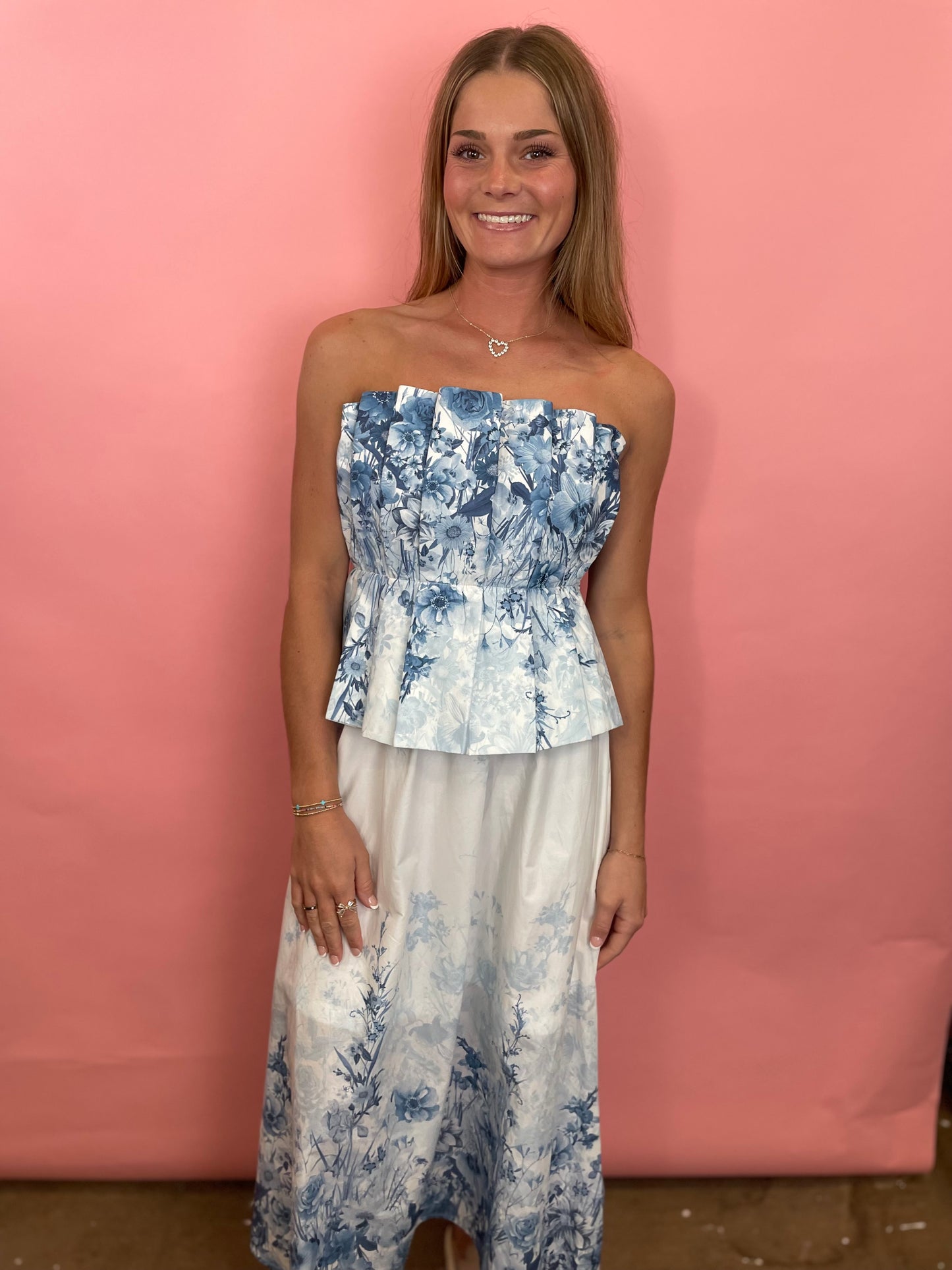 BLUE MULTI STRAPLESS TIERED DRESS