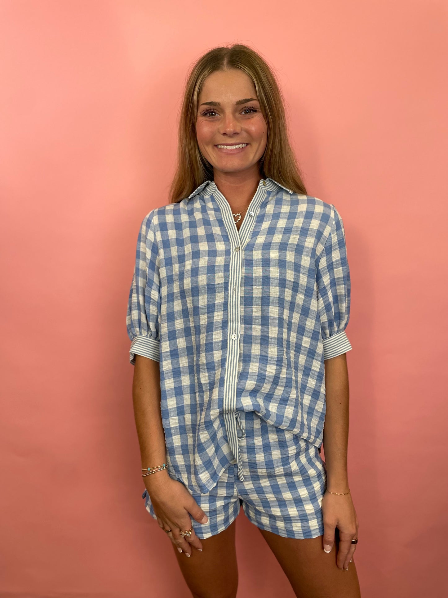 BLUE GINGHAM GAUZE SET
