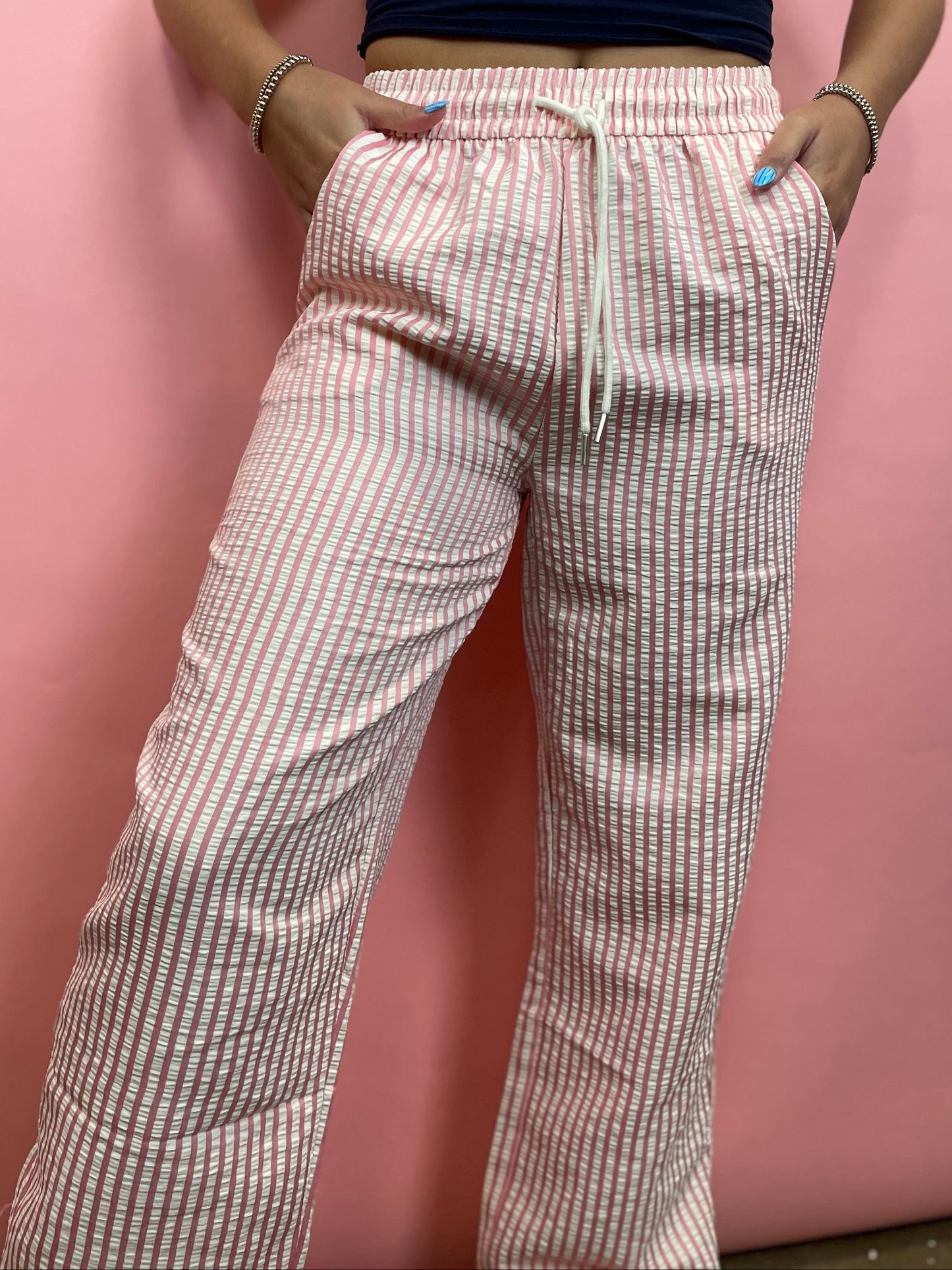 PINK STRIPED ELASTIC WAIST PANTS
