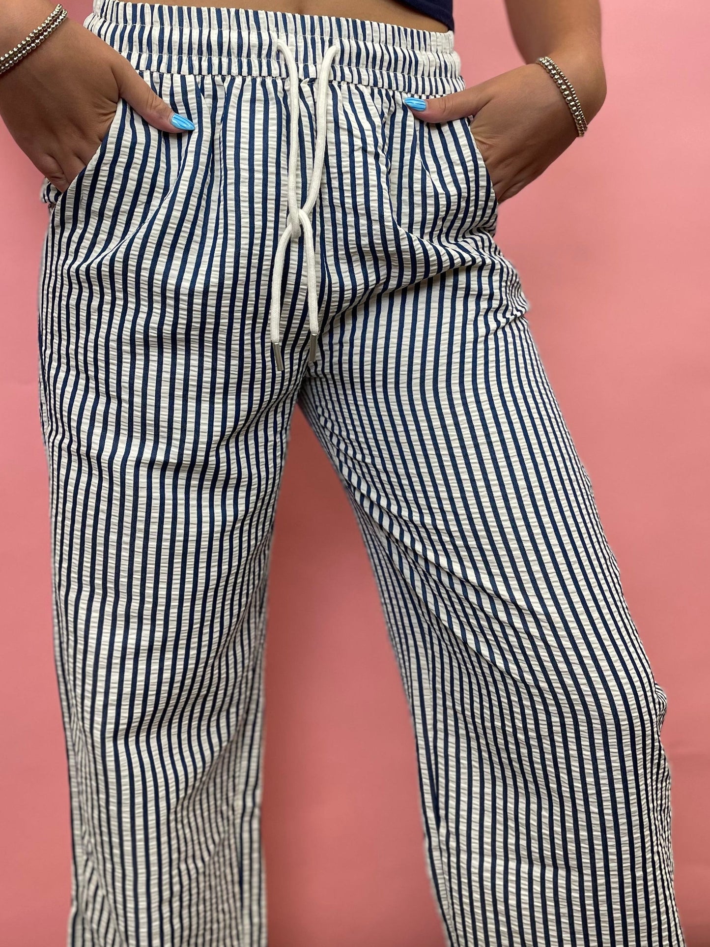 BLUE STRIPED ELASTIC WAIST PANTS