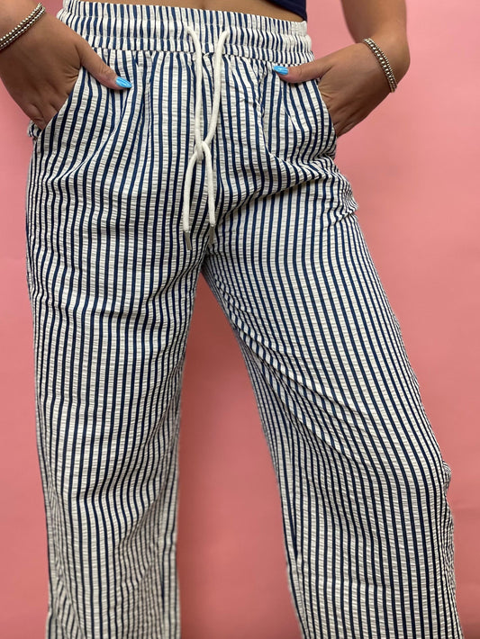 BLUE STRIPED ELASTIC WAIST PANTS