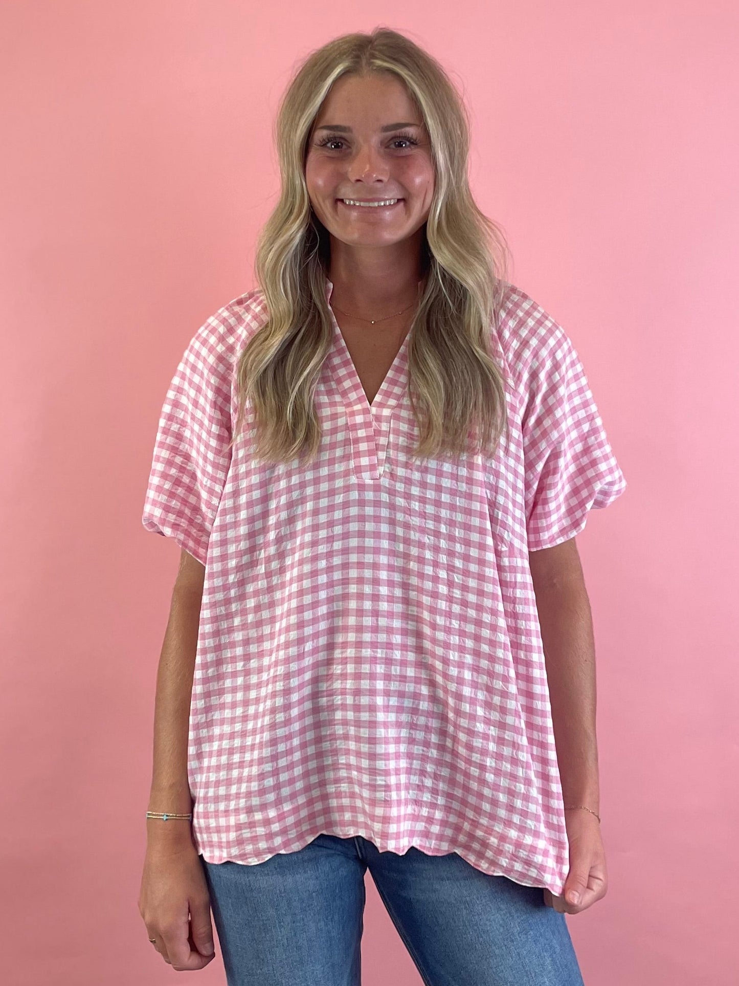 PINK & WHITE CHECKED PUFF SLEEVE TOP