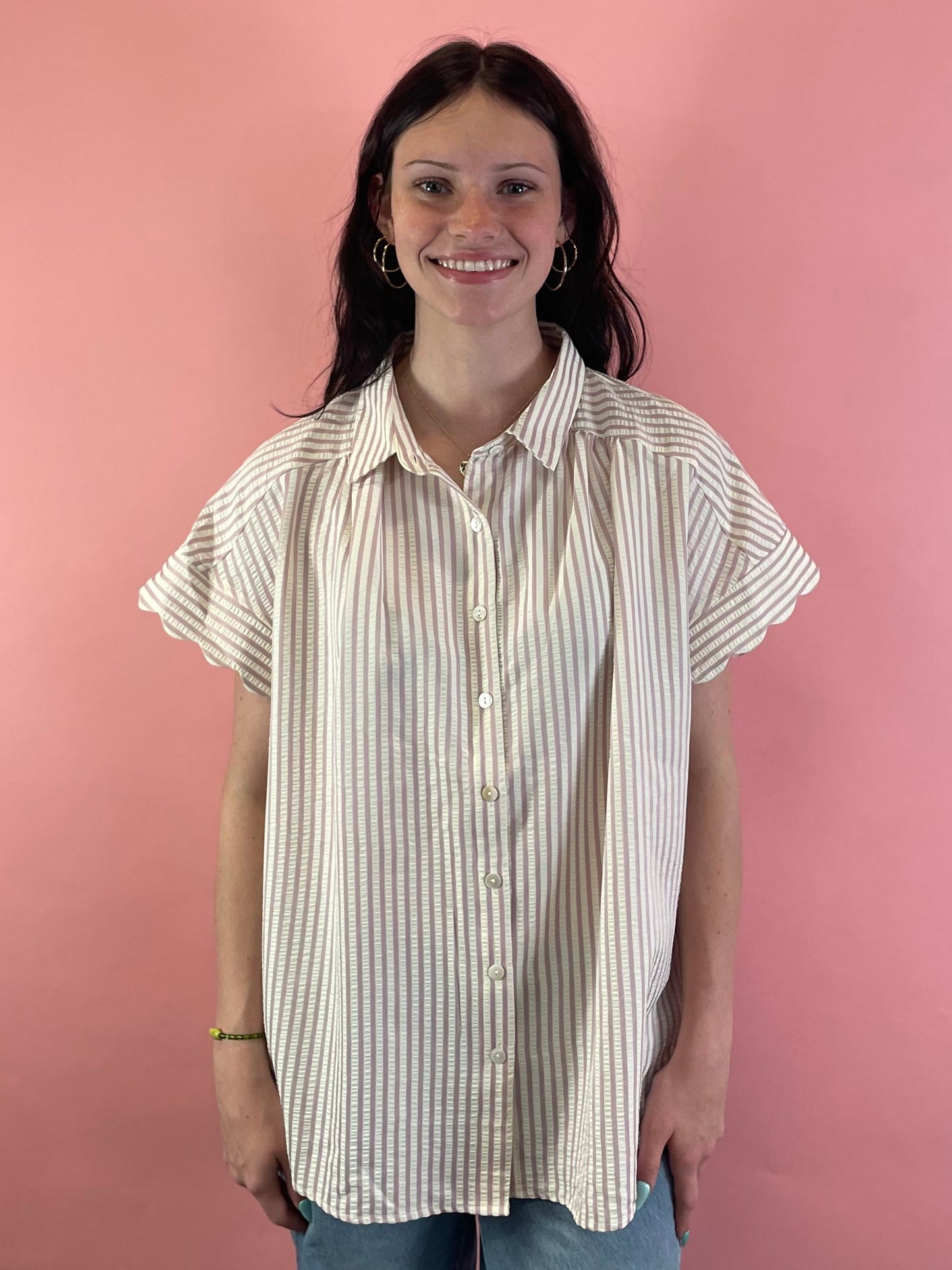 LILAC & CREAM STRIPED BUTTON UP TOP