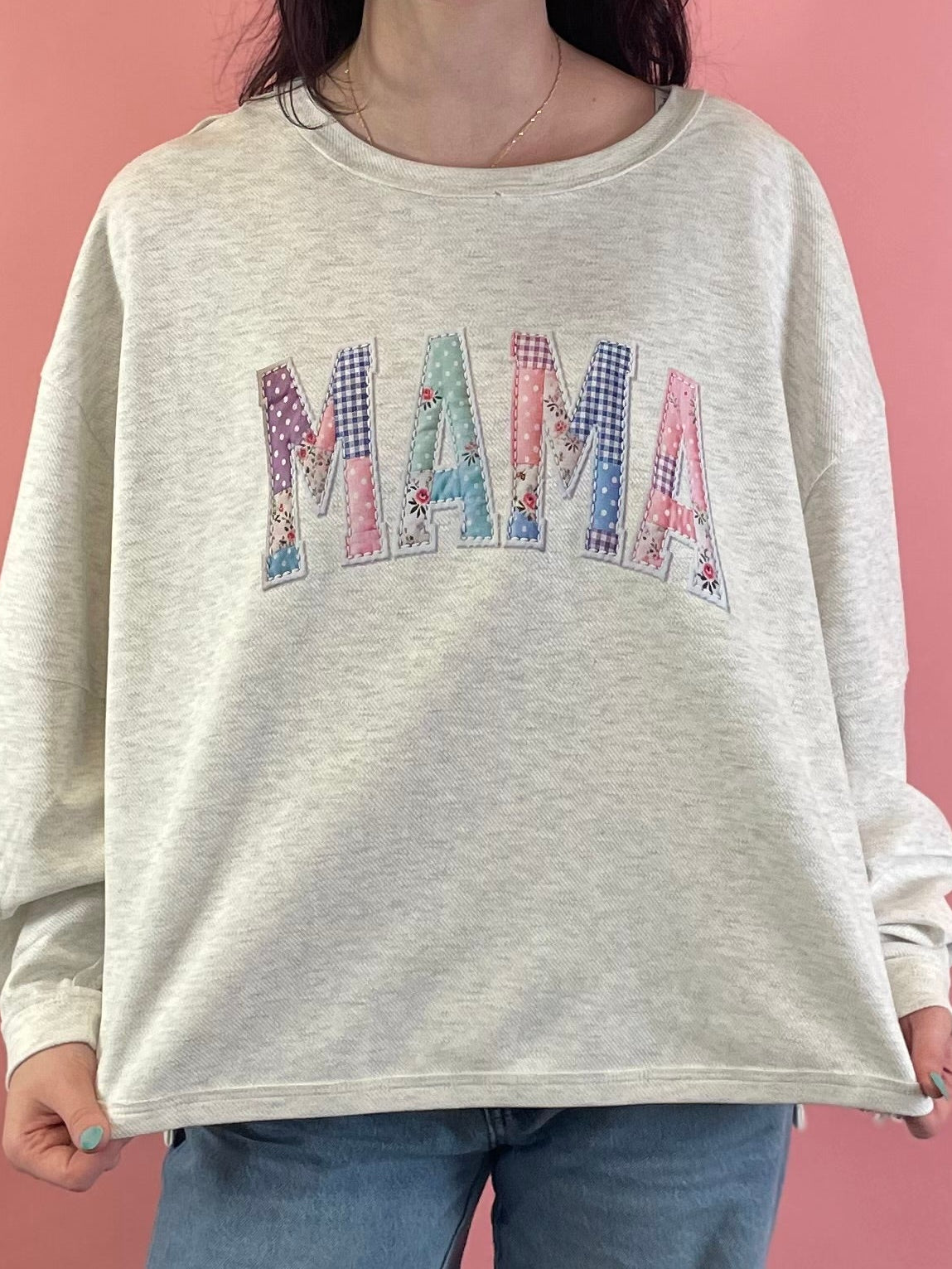 GREY PATCHWORK MAMA SWEATSHIRT