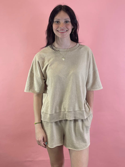 TAN RIBBED DETAIL SHORT SET