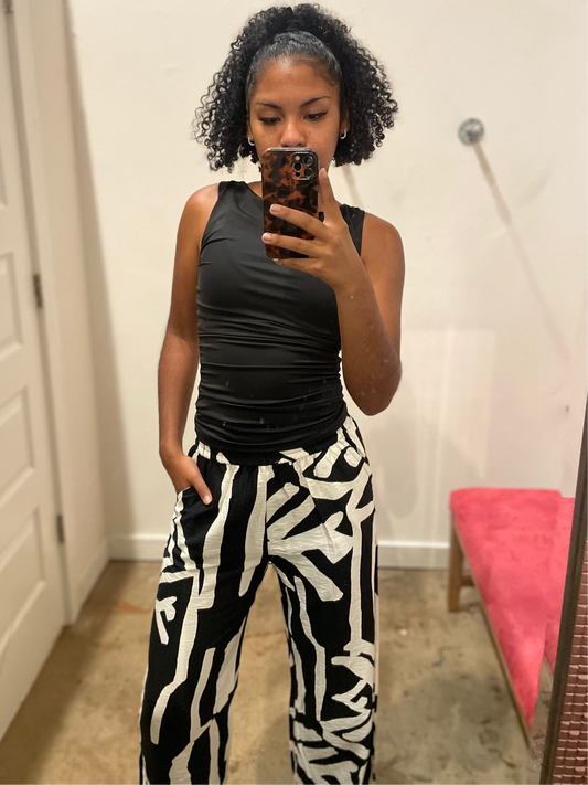 BLACK/OFF WHITE ELASTIC WAIST PANTS