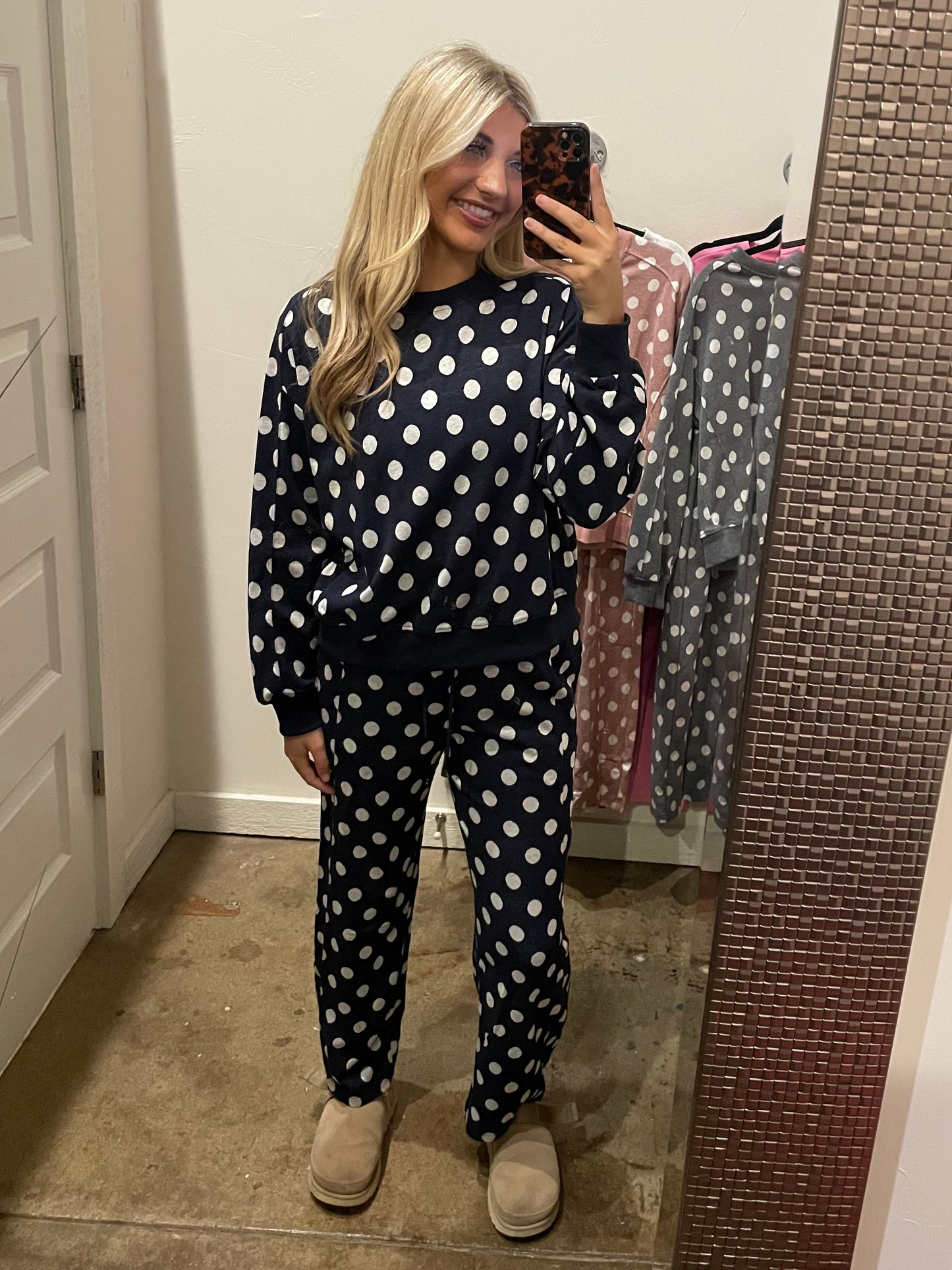 NAVY POLK-A-DOT SWEATSUIT