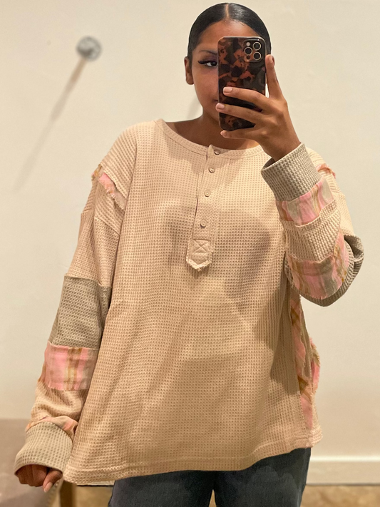 TAN/PINK LS WAFFLE TOP