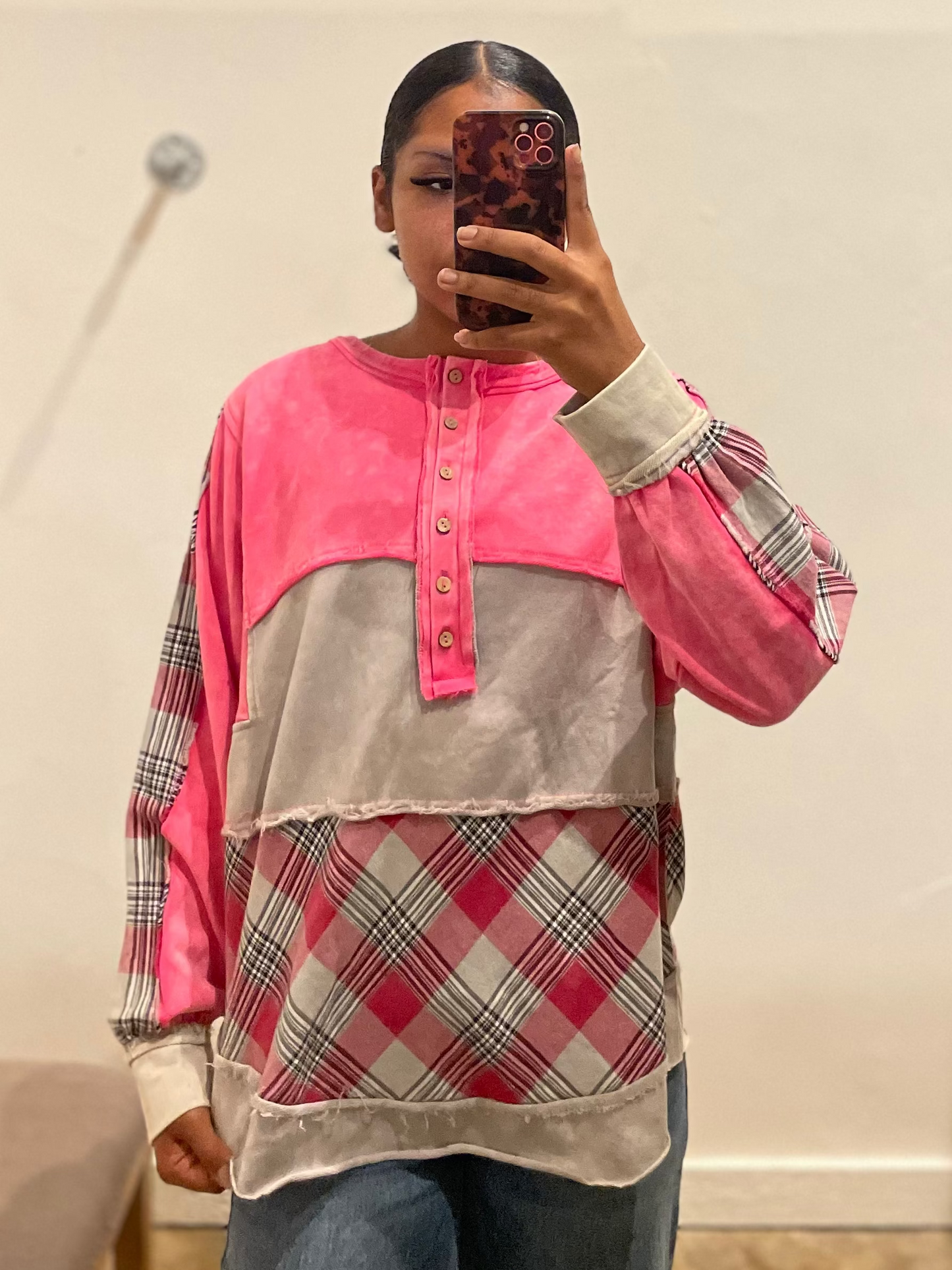 PINK PLAID HENLEY TOP