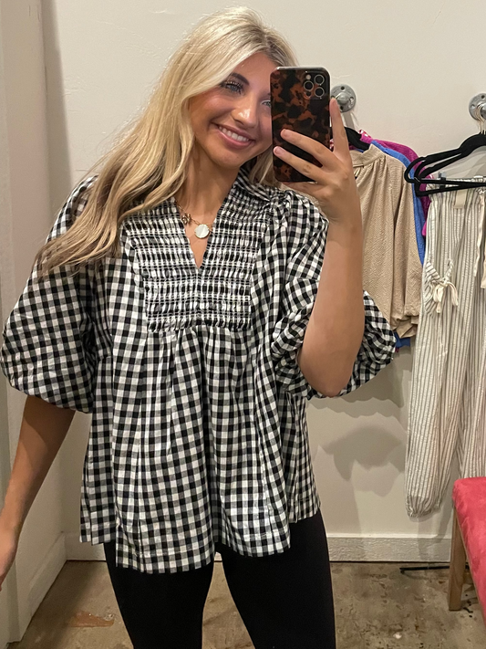 BLACK CHECKERED RUCHED SHIRT