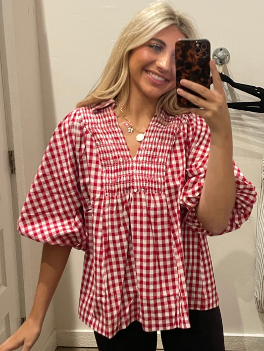 RED CHECKERED RUCHED SHIRT