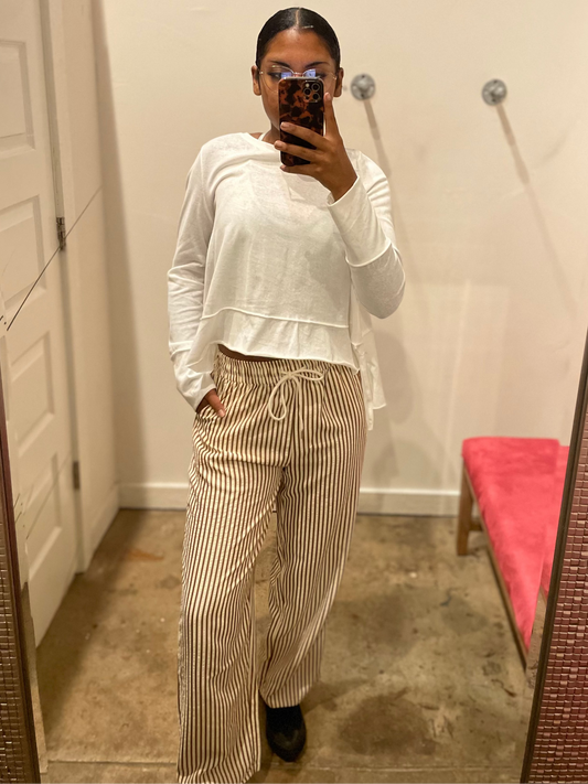 CREAM/BROWN STRIPED ELASTIC WAIST PANTS