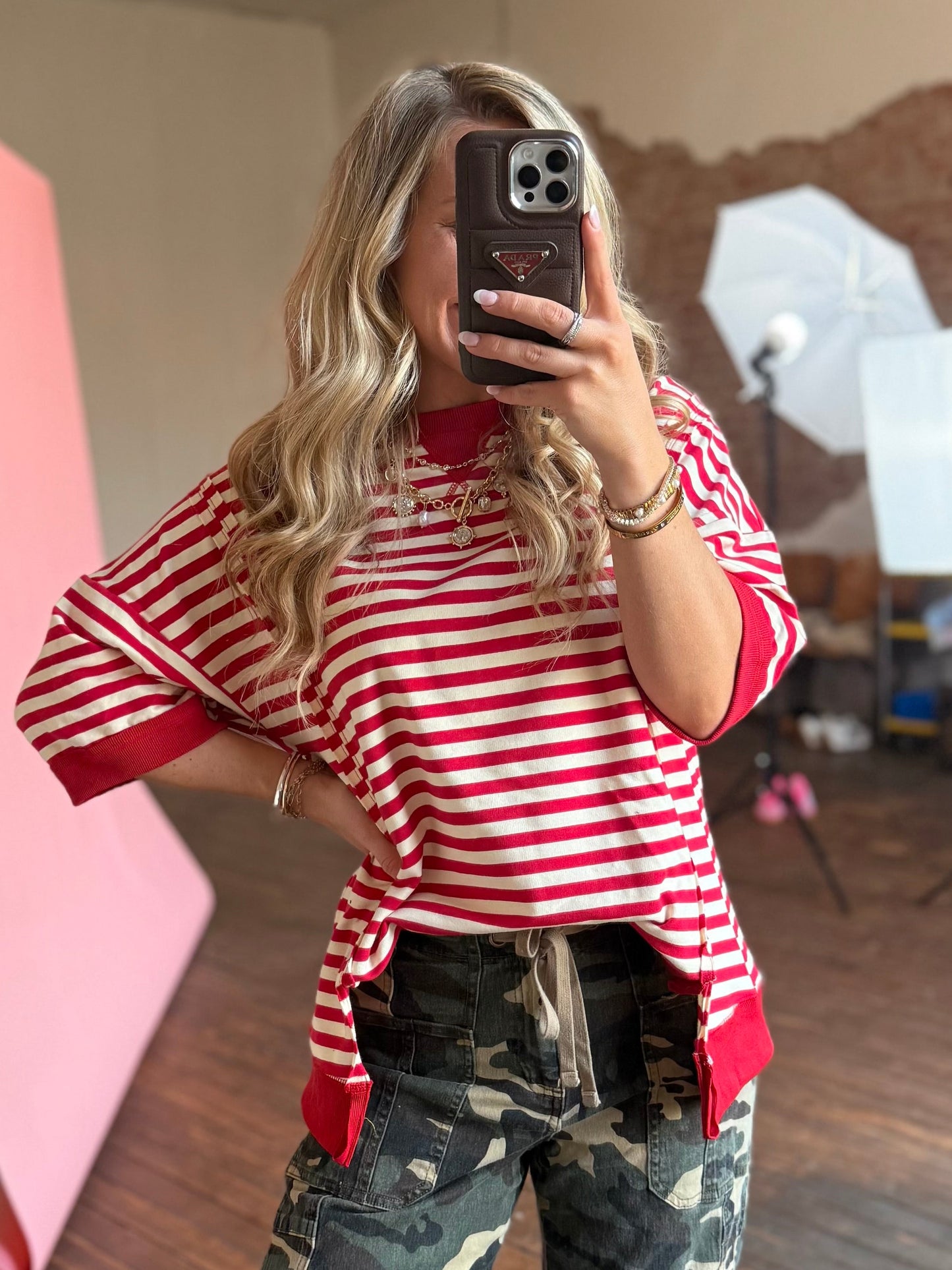 RED/CREAM STRIPED OVERSIZED TOP