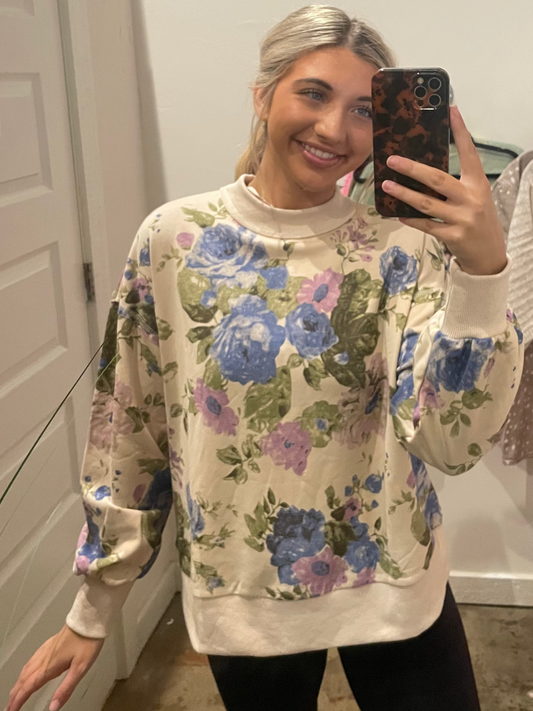MOCK NECK FLORAL TERRY TOP