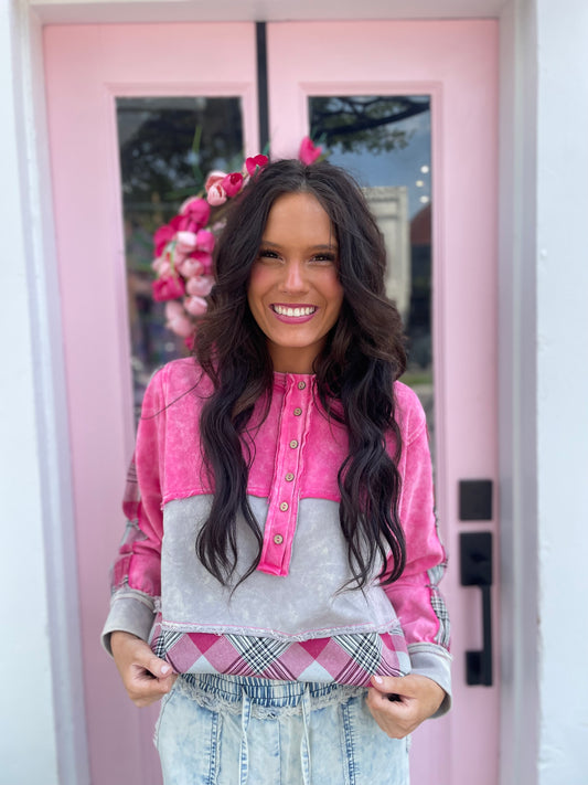 PINK PLAID HENLEY TOP