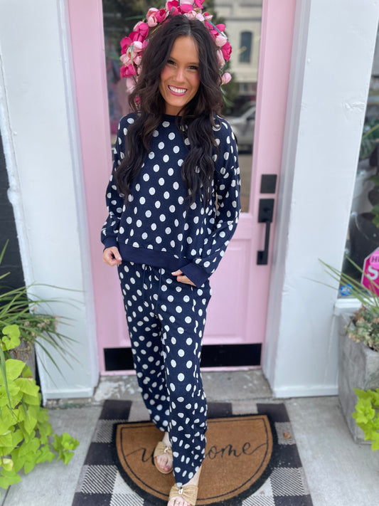 NAVY POLK-A-DOT SWEATSUIT