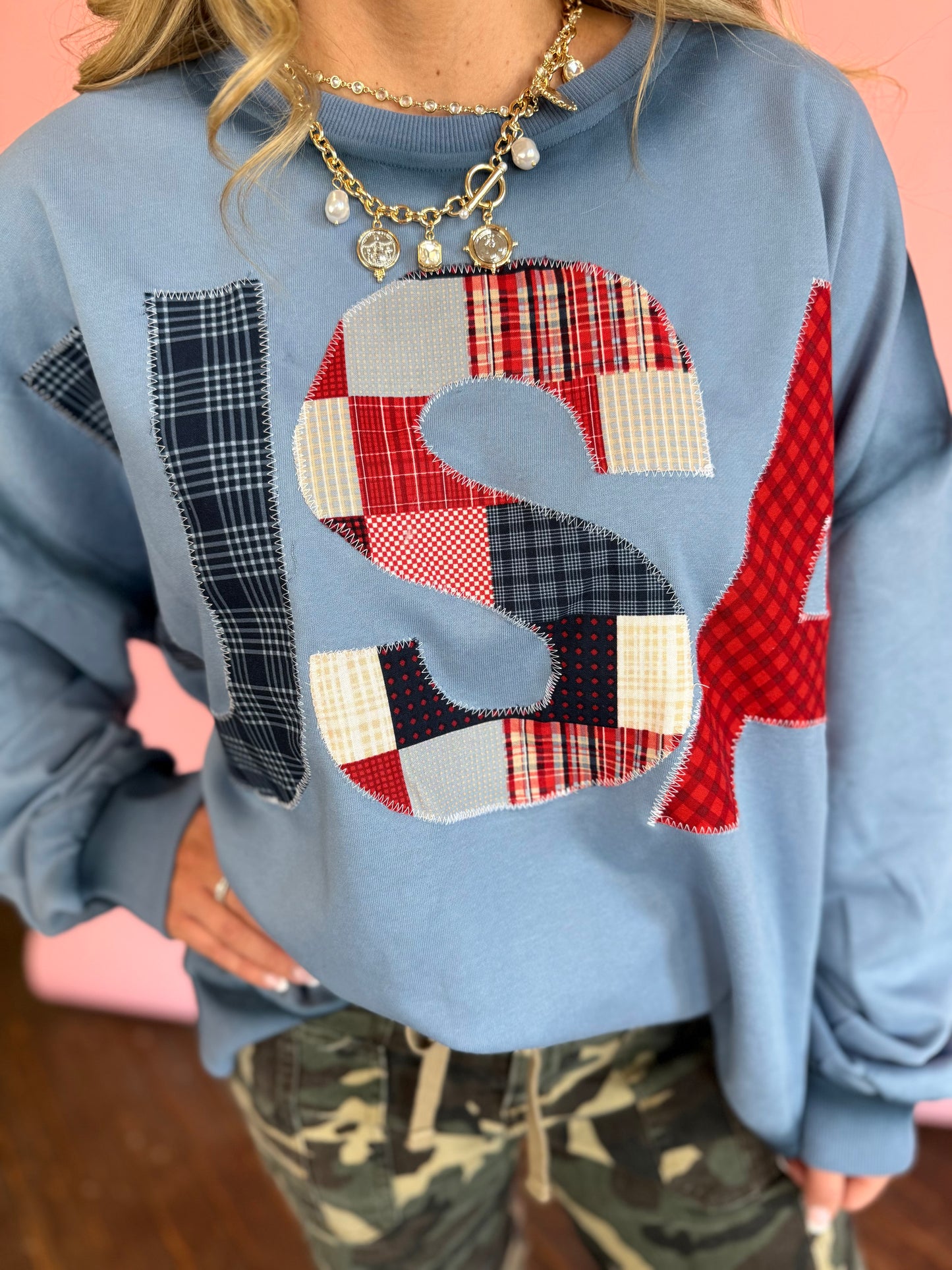BLUE OVERSIZED USA OUTLINE SWEATSHIRT