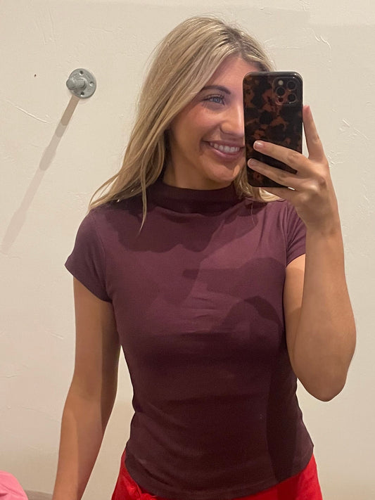 WINE MOCK NECK DRAPED TOP
