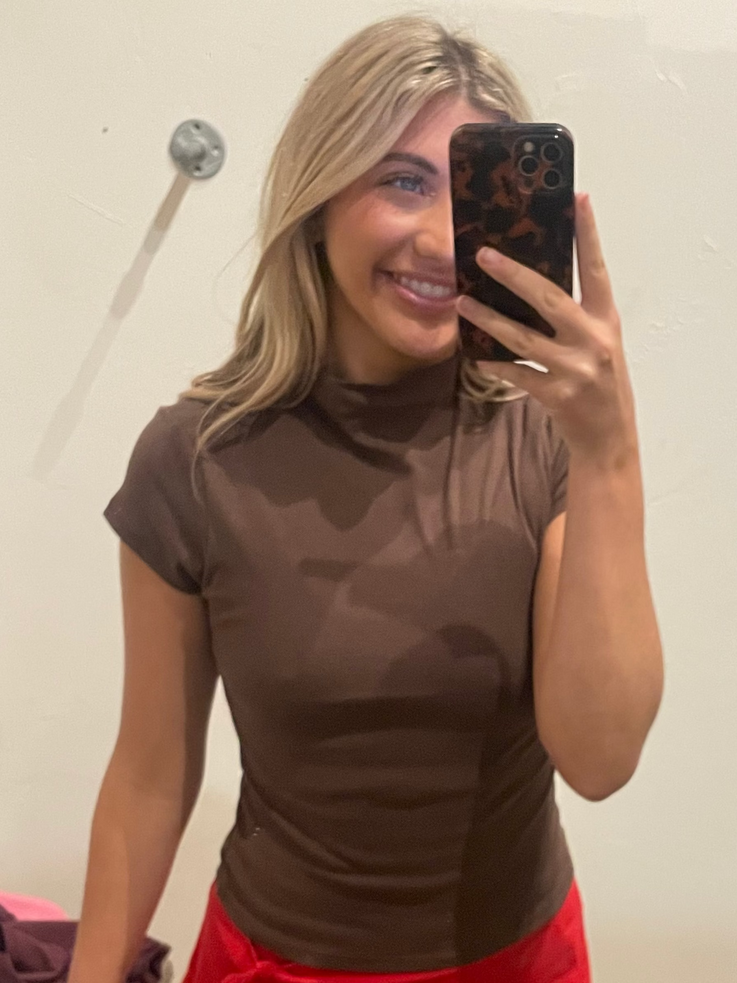 BROWN MOCK NECK DRAPED TOP
