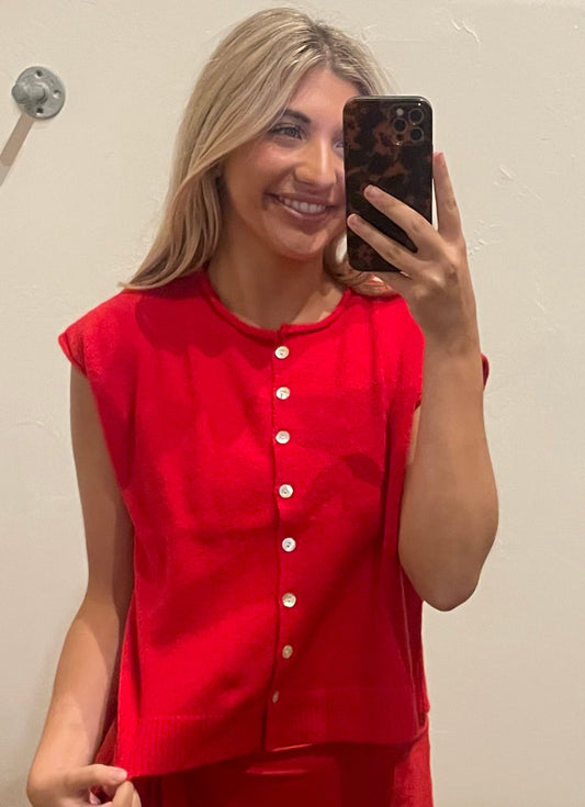 RED BUTTON UP SWEATER VEST