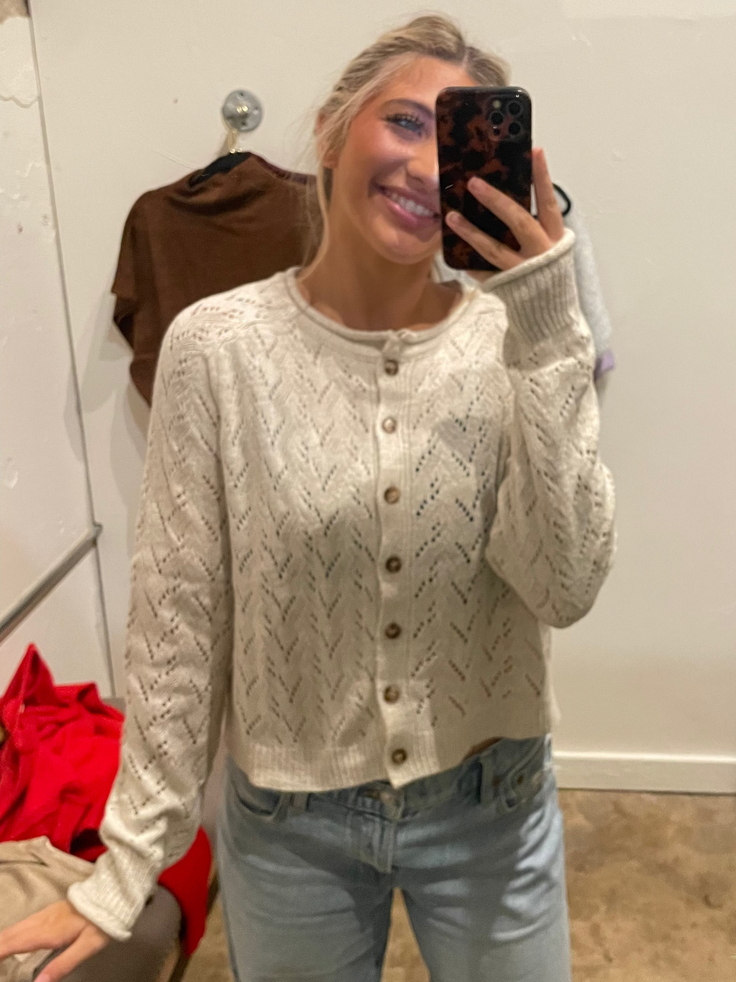 OATMEAL POINTELLE KNIT CARDIGAN