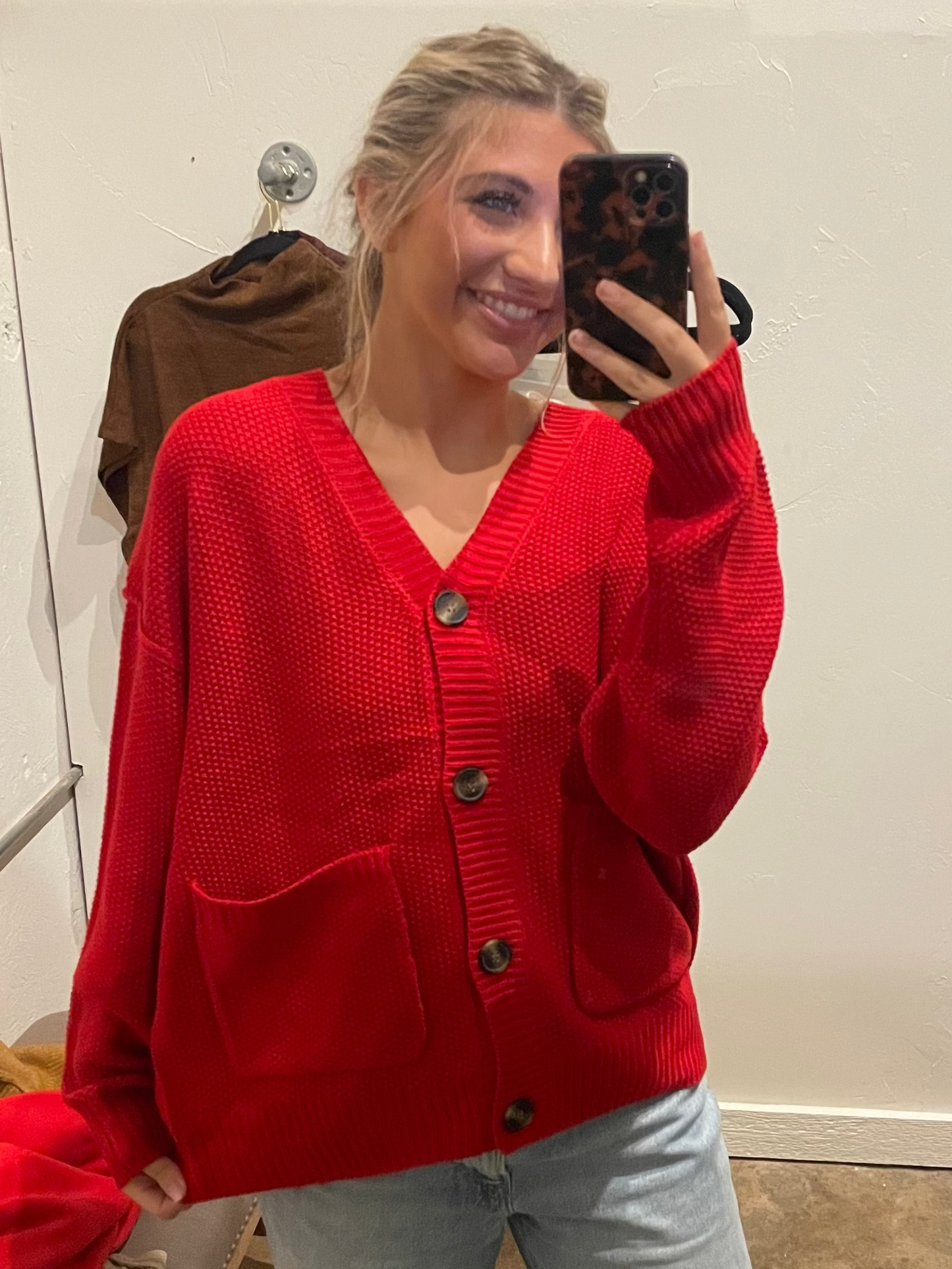 RED 4 BUTTON CARDIGAN