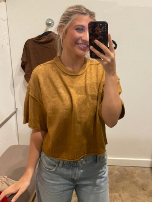 BROWN S/S CROP SWEATER