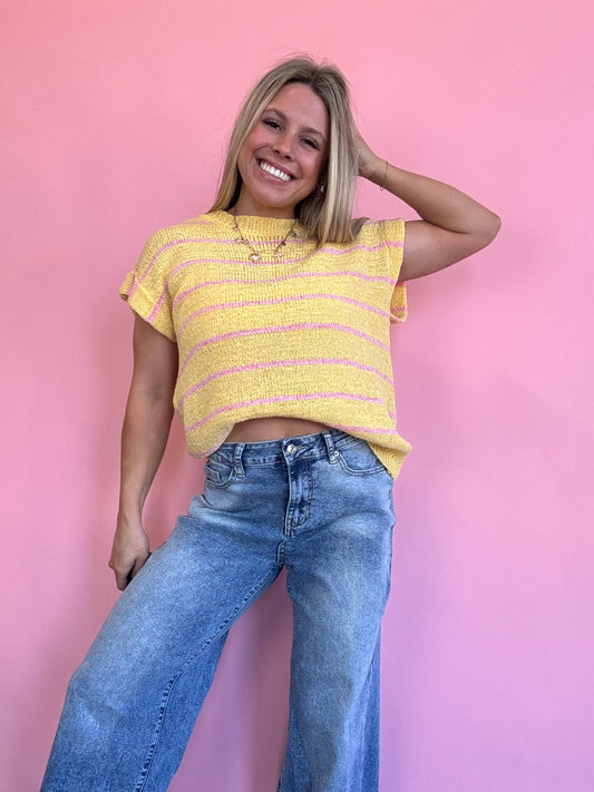 YELLOW/PINK LOOSE KNIT SWEATER TOP