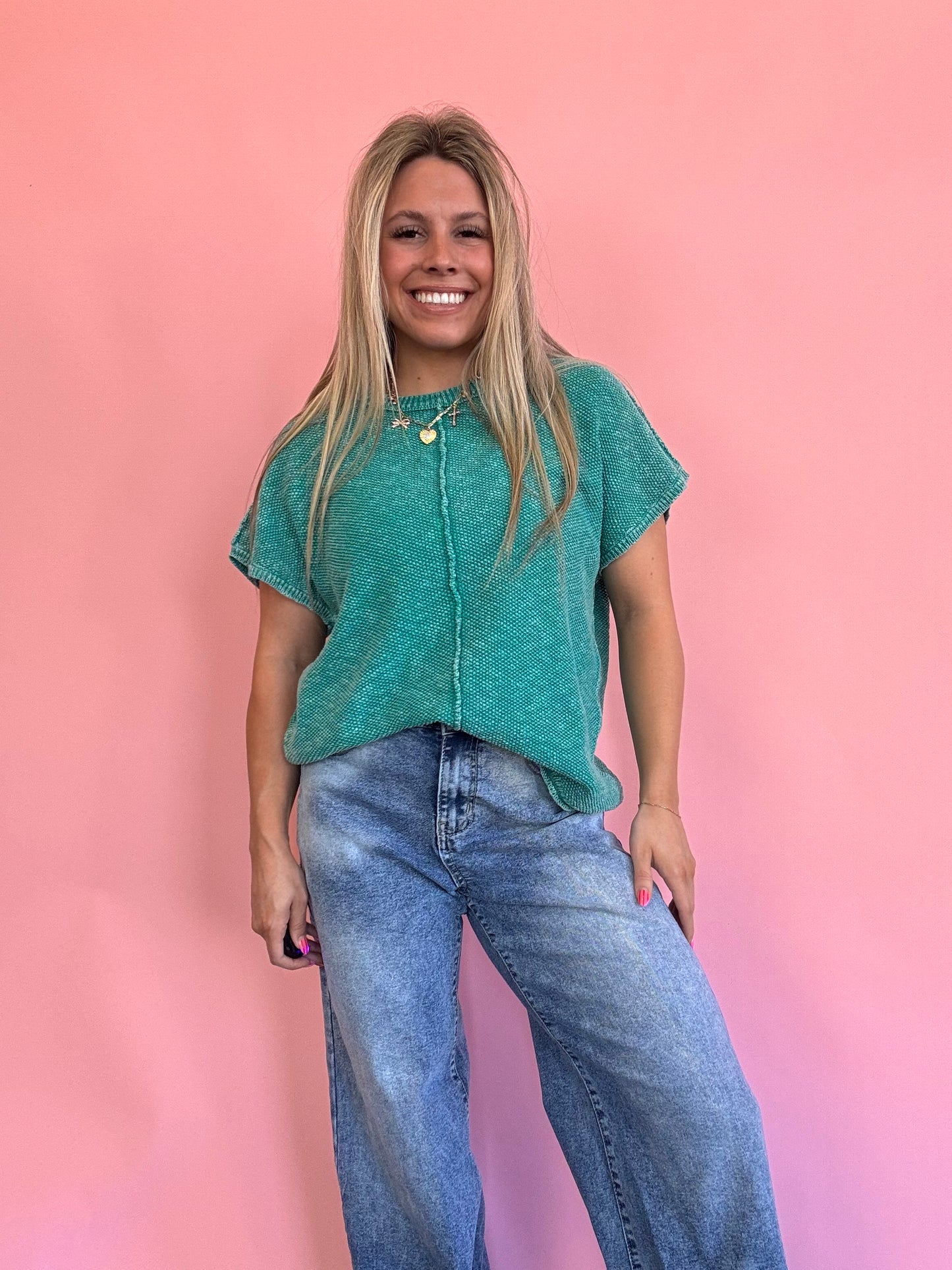 GREEN MINERAL WASHED SWEATER TOP