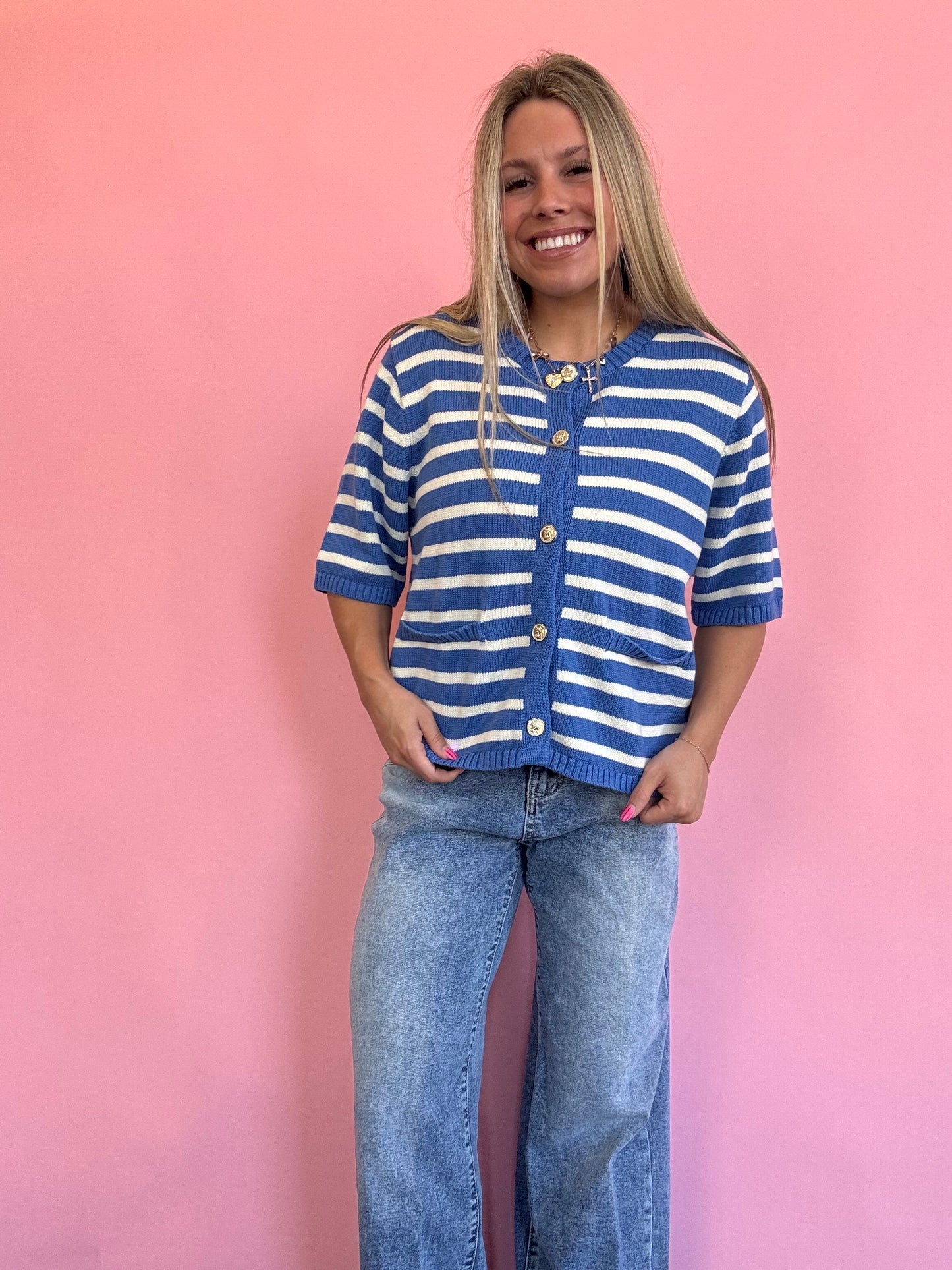 BLUE AND IVORY S/S SWEATER