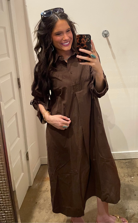 BROWN RUCHED SLEEVES MIDI DRESS
