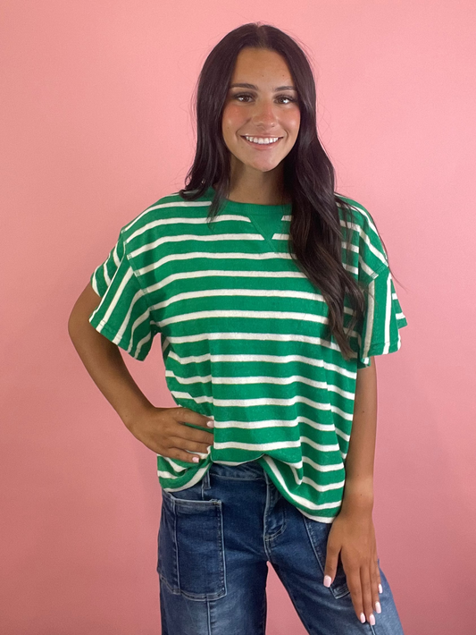 GREEN & WHITE STRIPED TERRY TOP