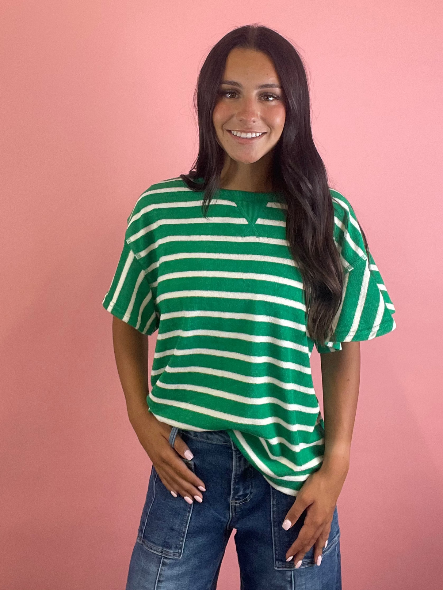 GREEN & WHITE STRIPED TERRY TOP